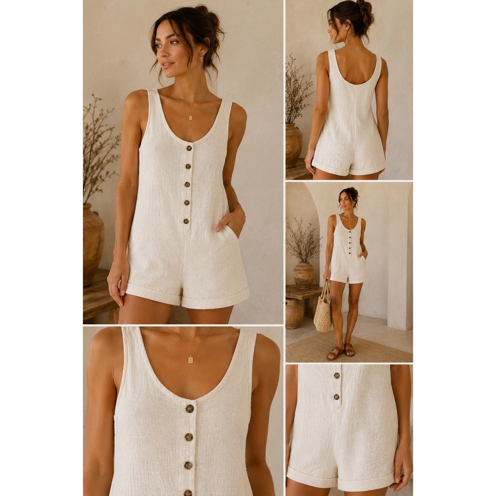 Urban Renewal Vintage Fabric Cotton Button Front Romper Cream Ivory Sleeveless